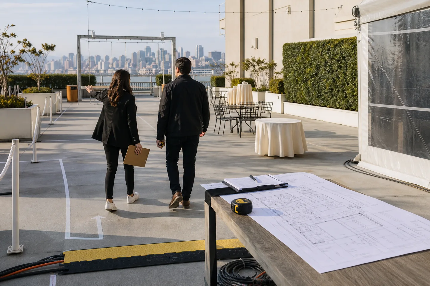 Event producer and venue manager reviewing logistics on a San Francisco terrace