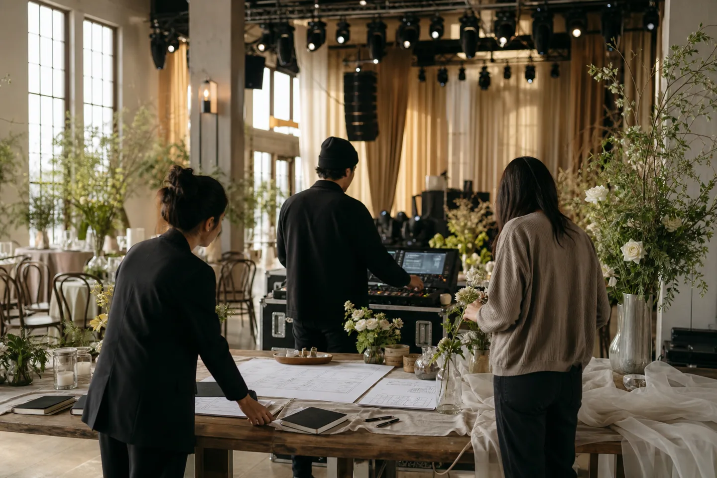 Event planning, production and design professionals preparing a refined venue