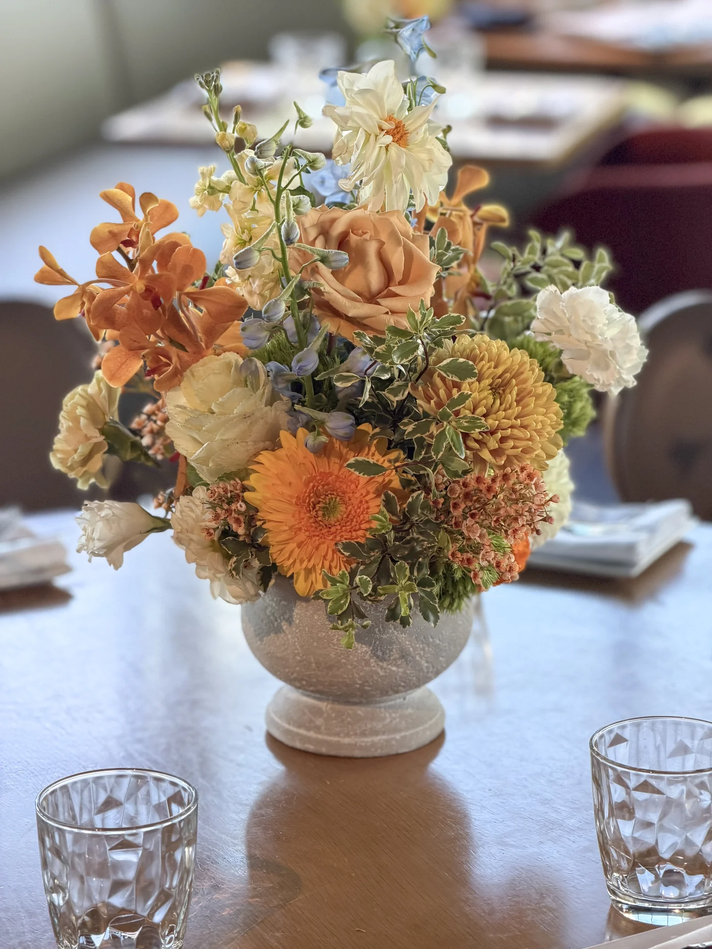 Seasonal flowers on the dining table at Bloom Baby Shower