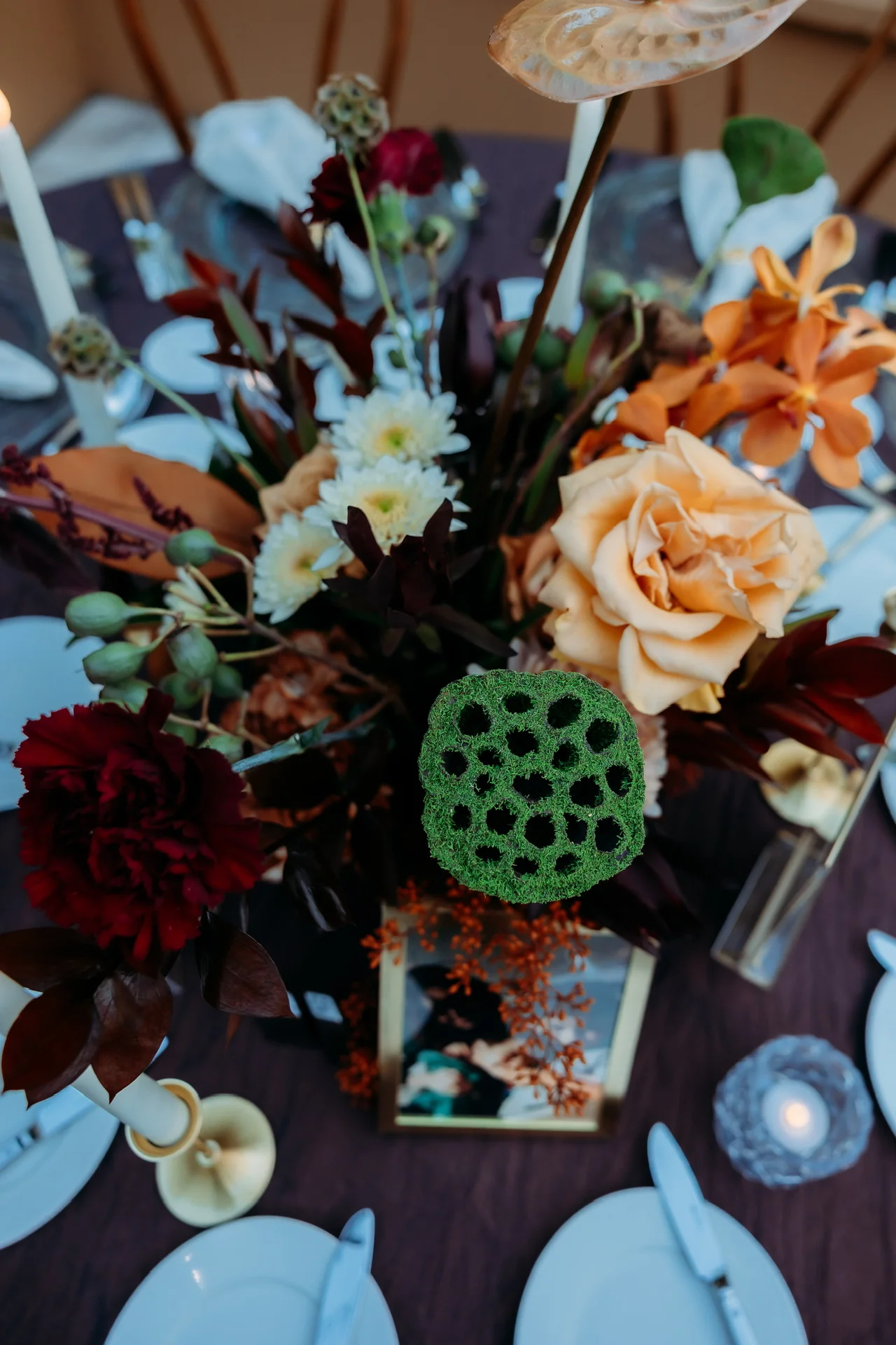 Overhead view of flowers and table settings at Deena 40th Birthday