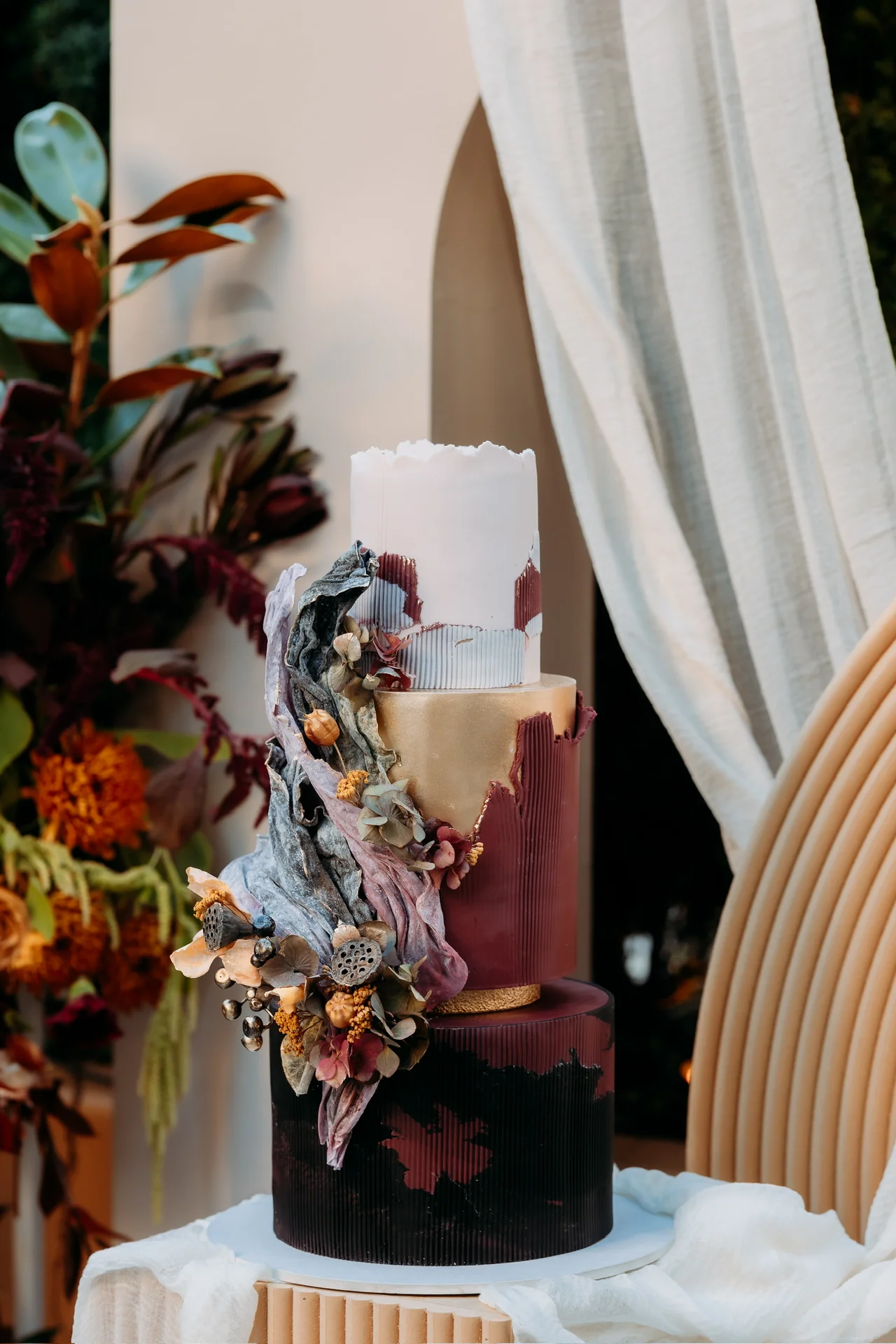 Draped birthday installation and flowers at Deena 40th Birthday