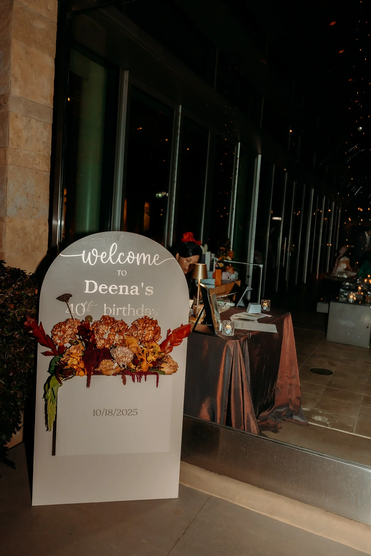 Personalized guest welcome display at Deena 40th Birthday