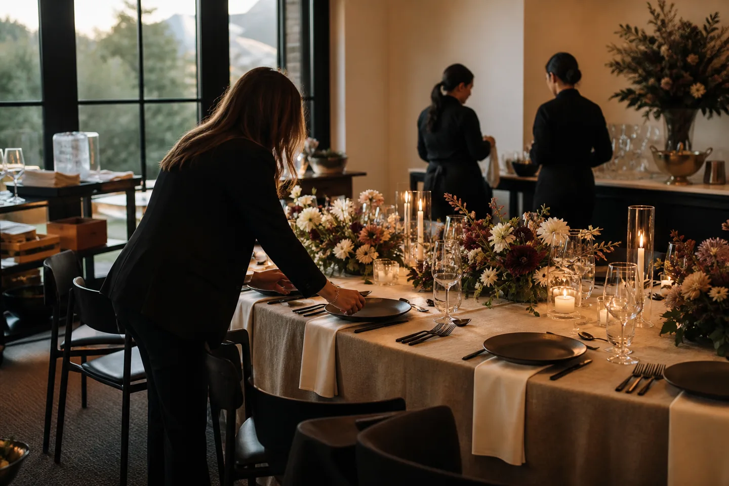 Private event planner making final table adjustments before guests arrive
