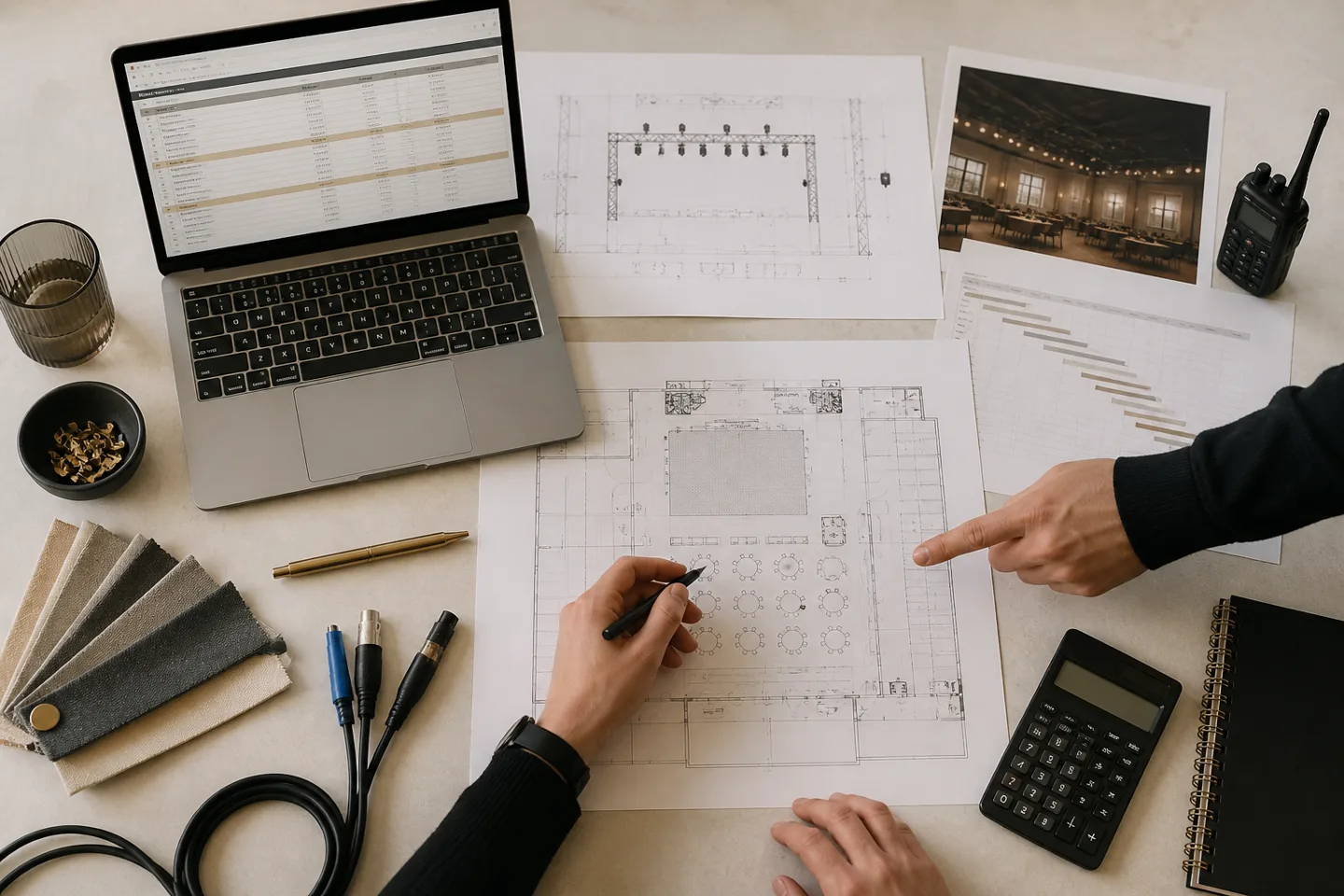 Event production budget, venue plan and technical materials on a planning table