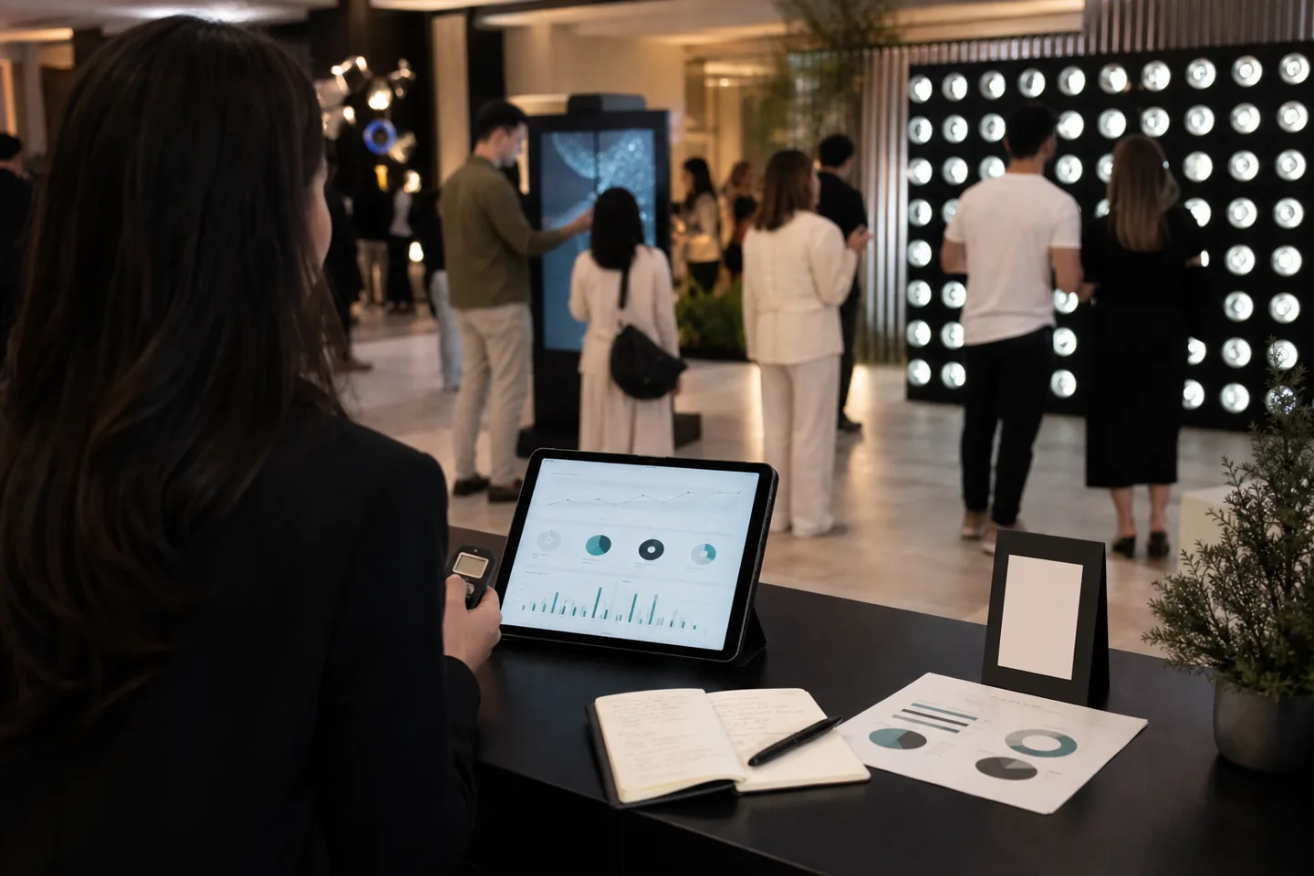 Strategist reviewing activation participation and conversion measures during a live event