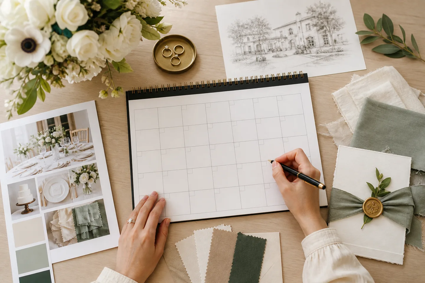 Wedding calendar, venue sketch, floral samples and stationery on a planning table