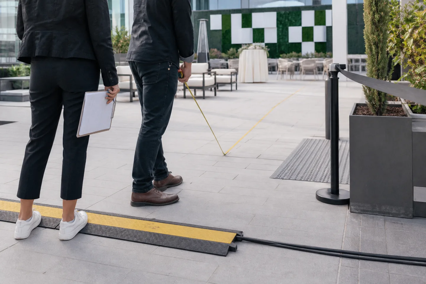 Event team reviewing access, cable routing and guest circulation on a terrace