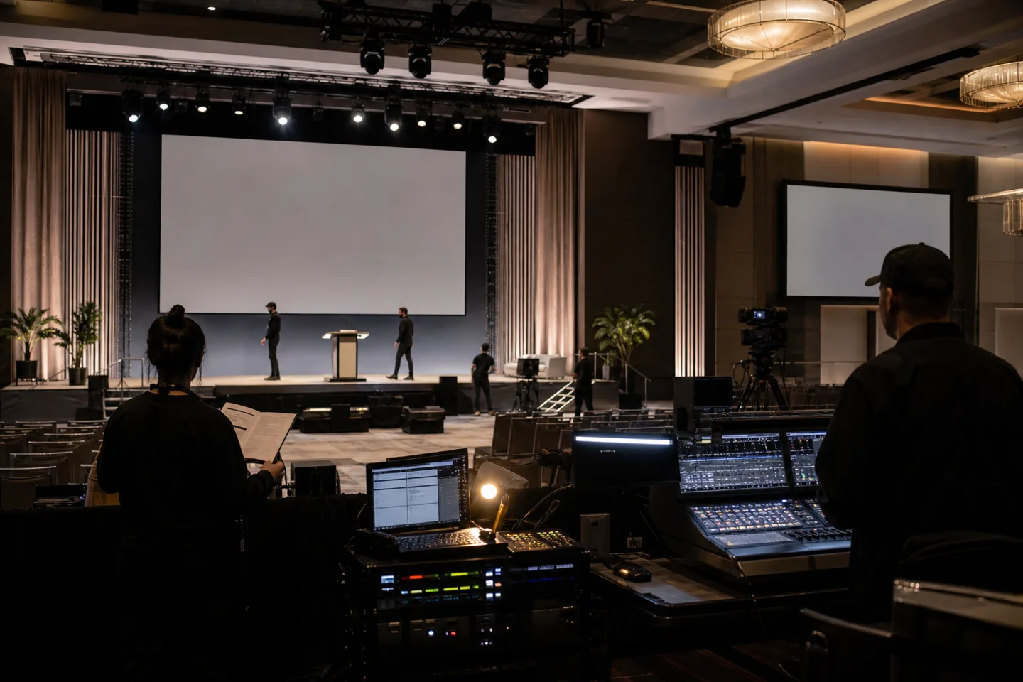 Corporate event stage and production control position during technical rehearsal